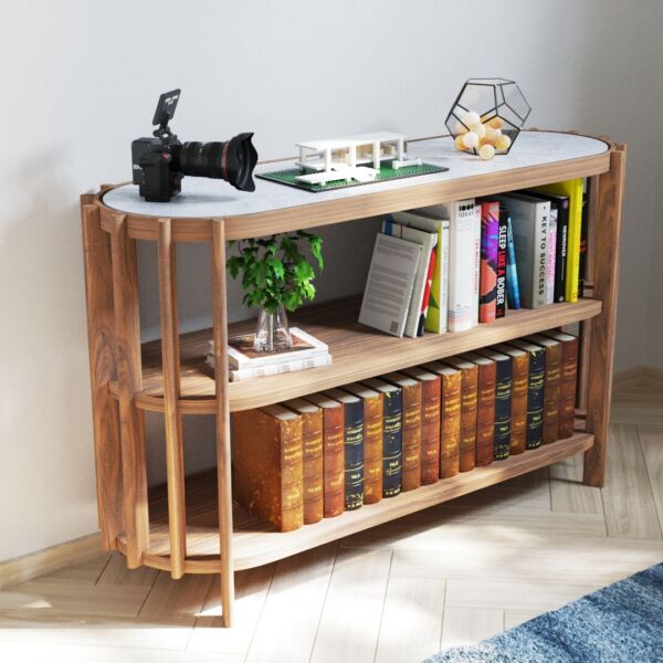 shelf dark wood white marble