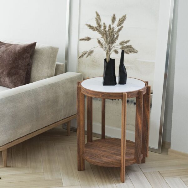 side table dark wood white marble